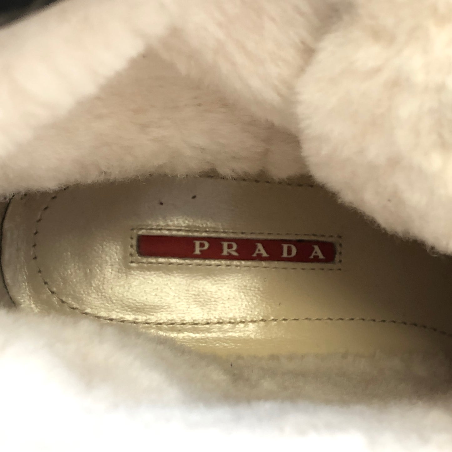 Prada Women's Shearling Lined Suede High Top Wedge Sneaker Boots 37 Beige White