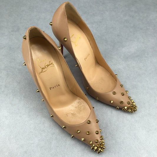 Christian Louboutin Women's Nude Leather Gold Studded Pointed Toe High Heel Pumps Size 37