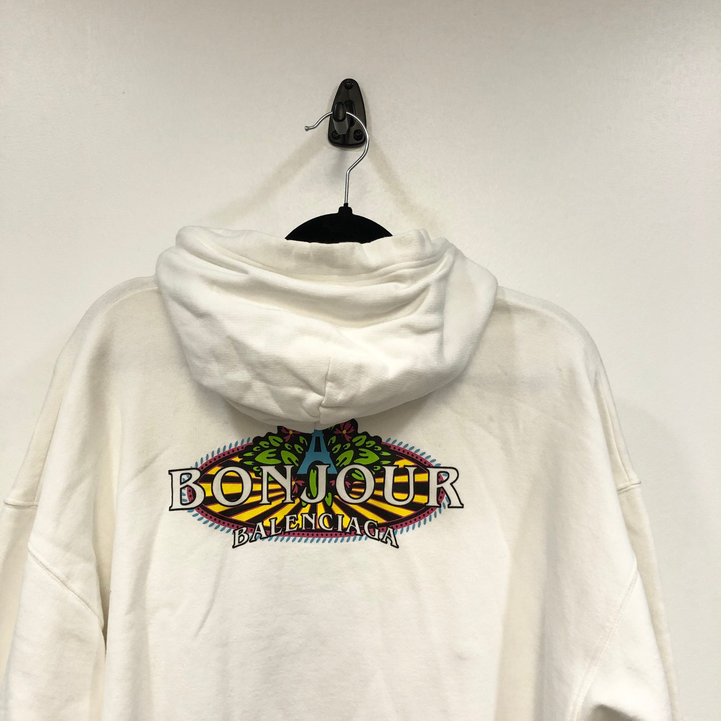 Balenciaga Eiffel Tower Bonjour Logo White Cotton Oversized Hoodie Size S
