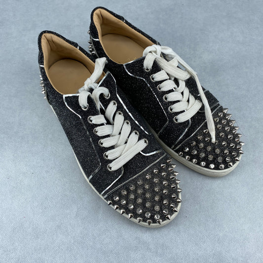 Christian Louboutin Women's Black Glitter Silver Studded Pointed Toe Lace-Up Sneakers Size 37.5