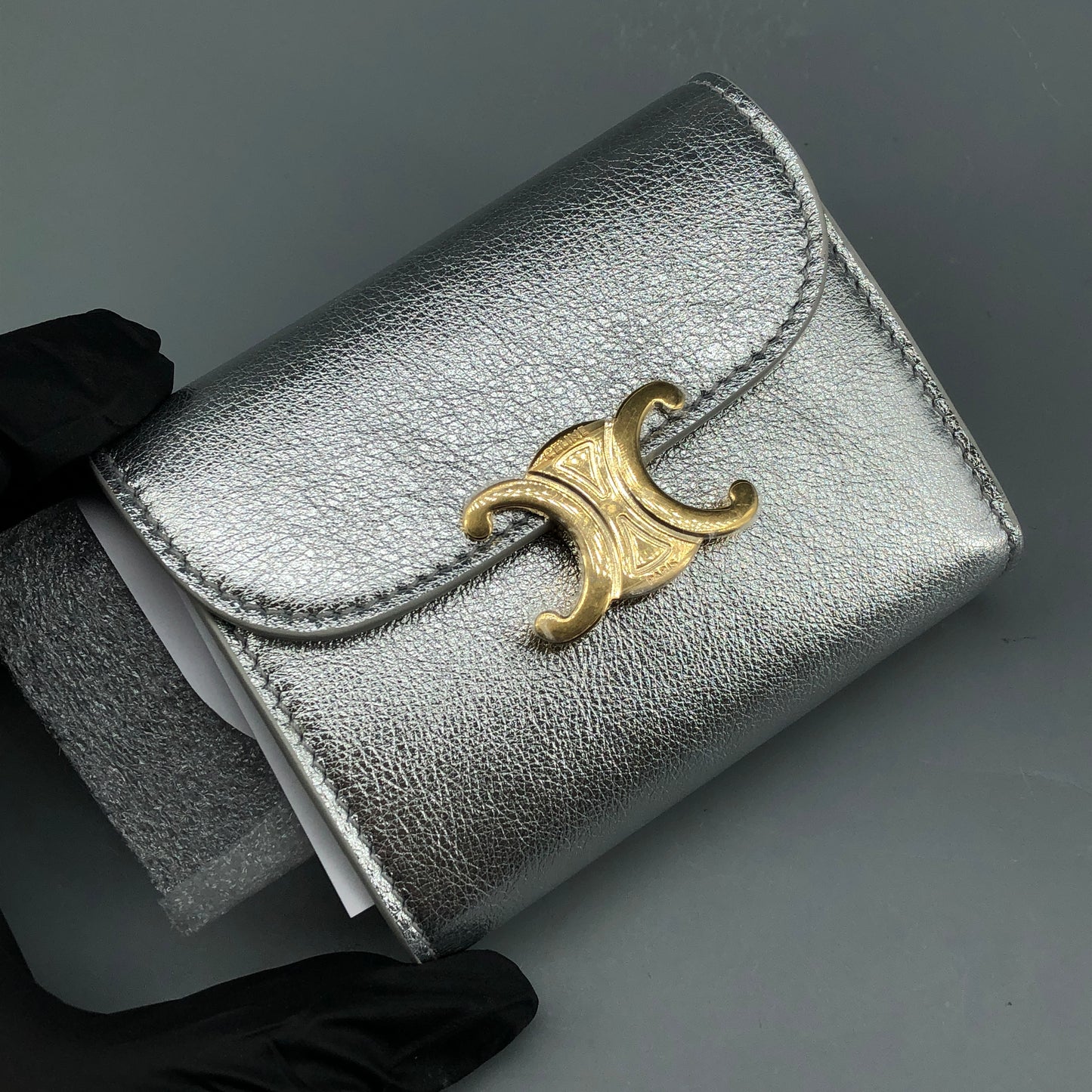 Celine Triomphe Silver Metallic Leather Trifold Wallet