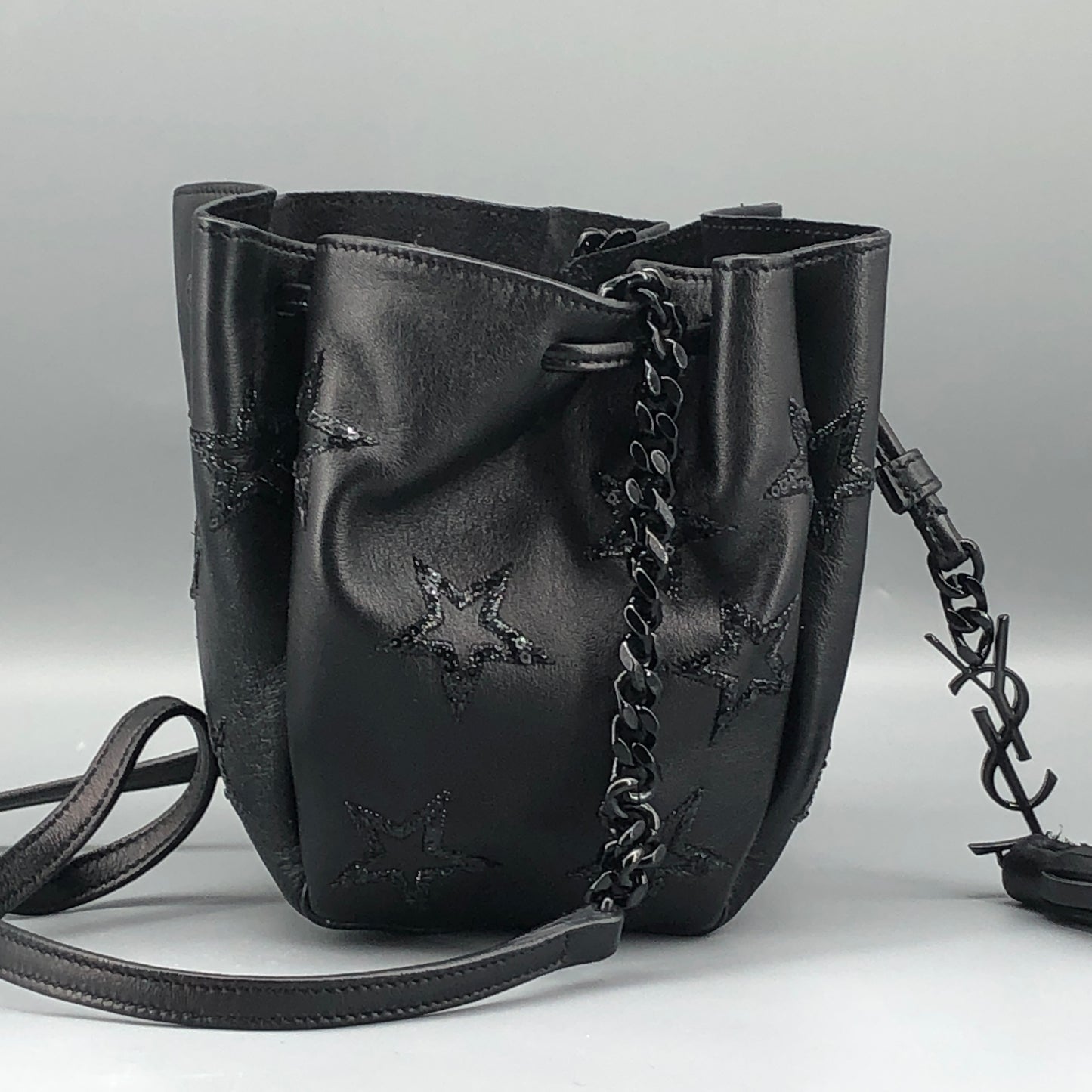 Saint Laurent Star Embossed Leather Mini Drawstring Bucket Bag Black