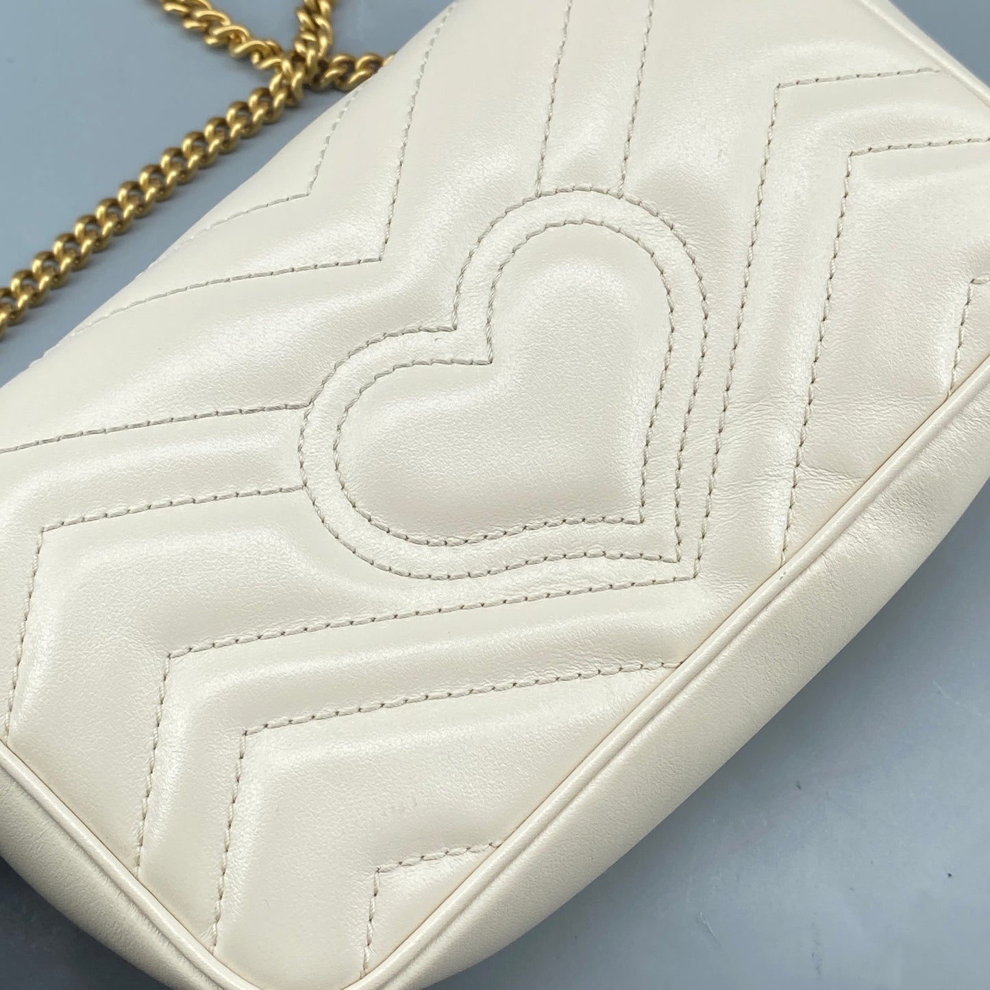 Gucci Cream GG Supreme Chevron Quilted Leather Marmont Mini Flap Chain Bag
