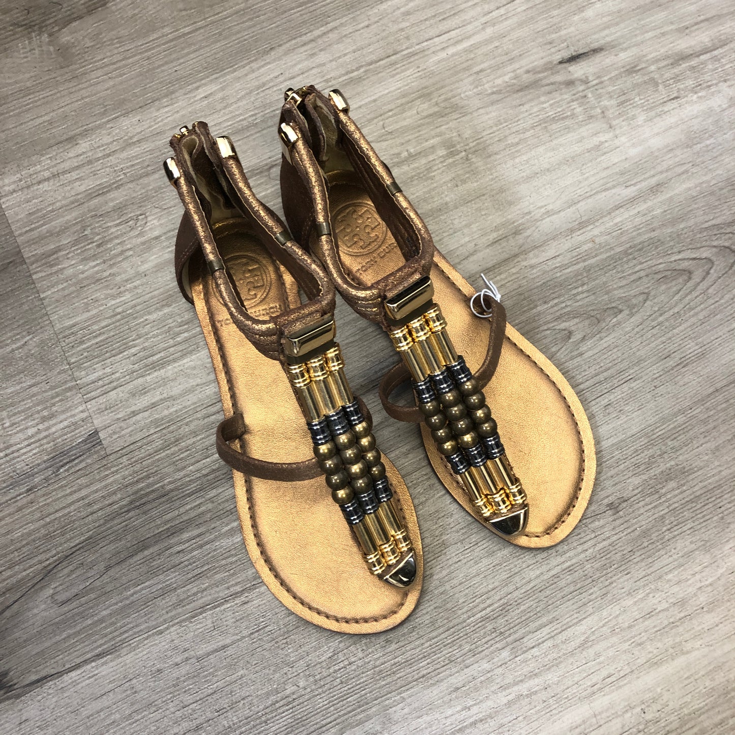 Tory Burch Women's  Embellished T-Strap Flat Sandals 5M Gold/Tan