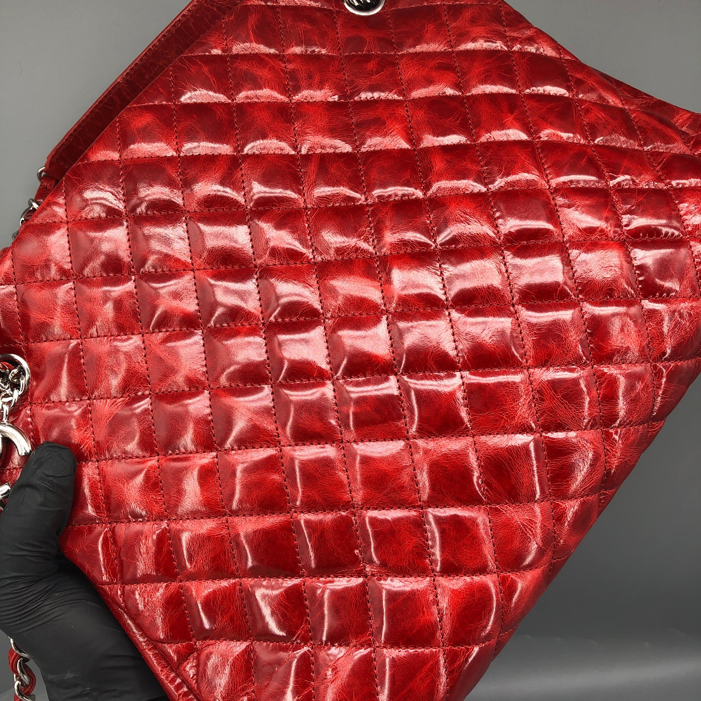 Chanel Just Mademoiselle Quilted Patent Leather Bowling Shoulder Bag Cherry Red