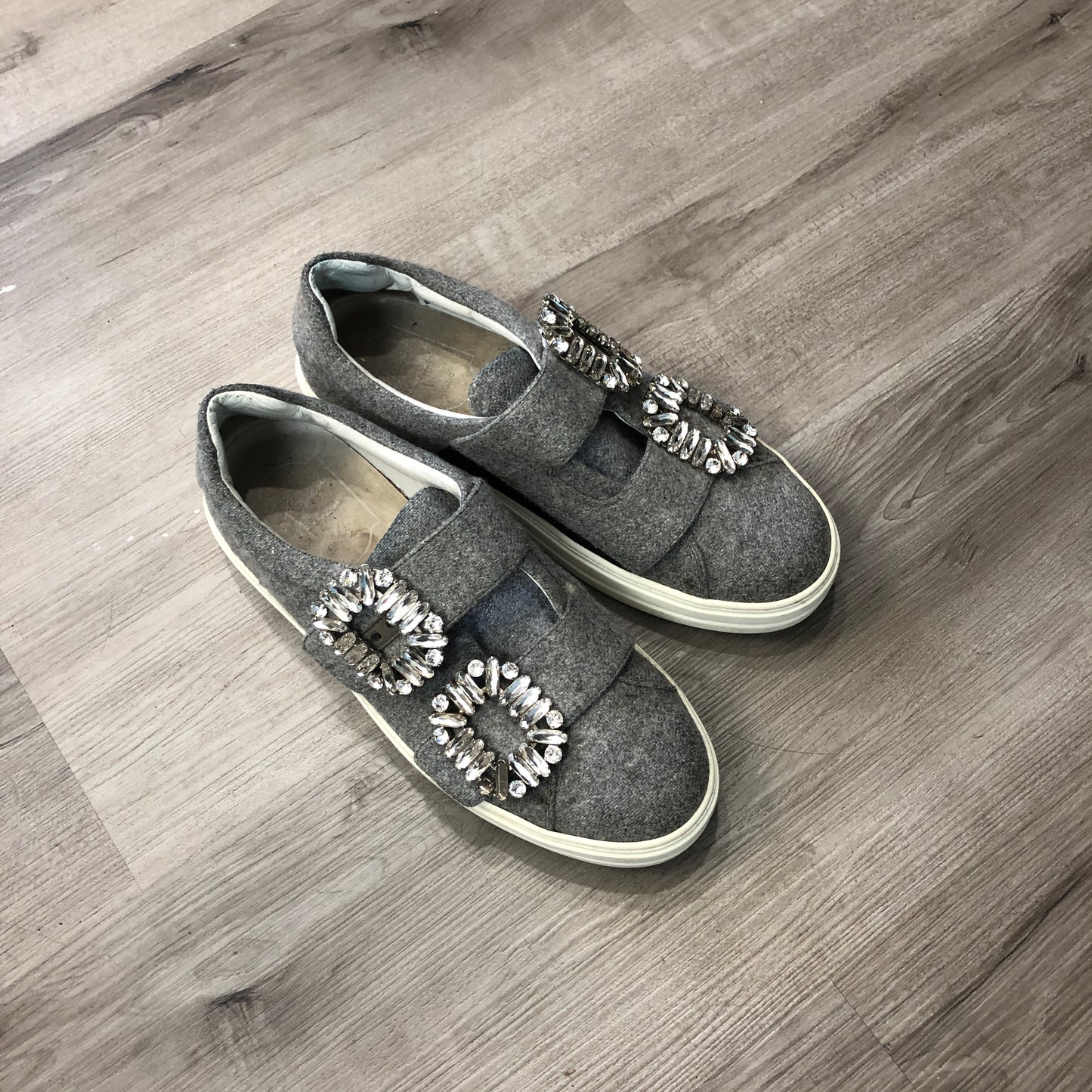 Roger Vivier Women's Grey Fabric Crystal Buckle Slip-On Sneakers shoes 36