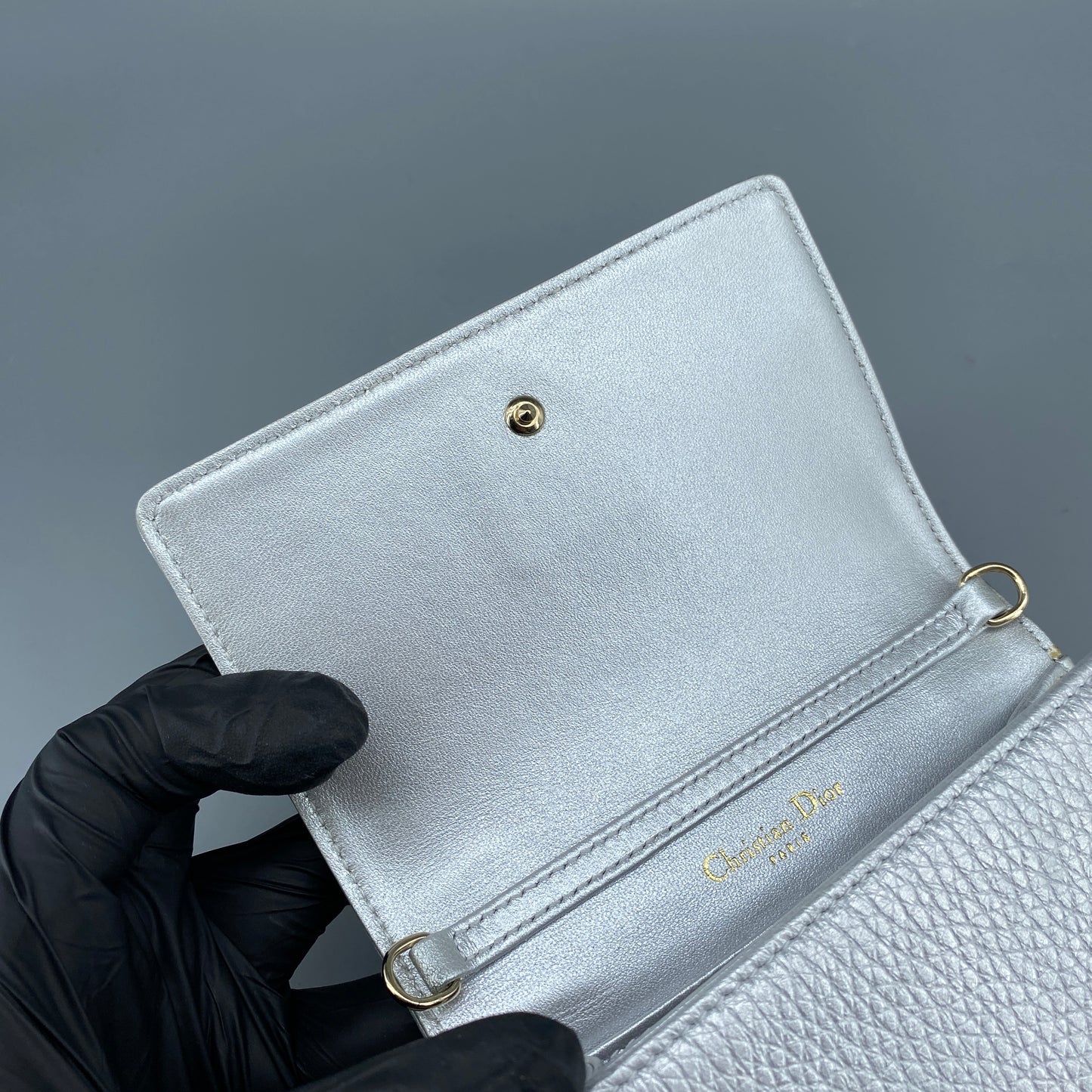 Christian Dior Mini Silver Metallic Pebbled Leather Shield Logo WOC Crossbody Bag