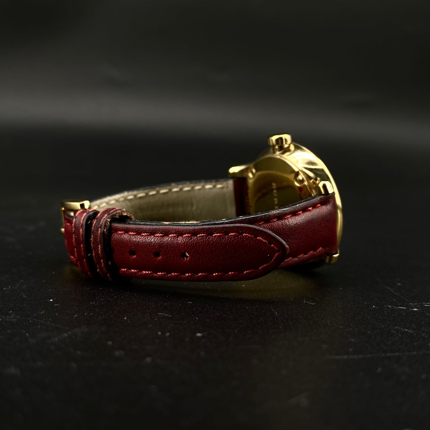 Burberry Gold Case Quartz Watch Dark Red Leather Strap