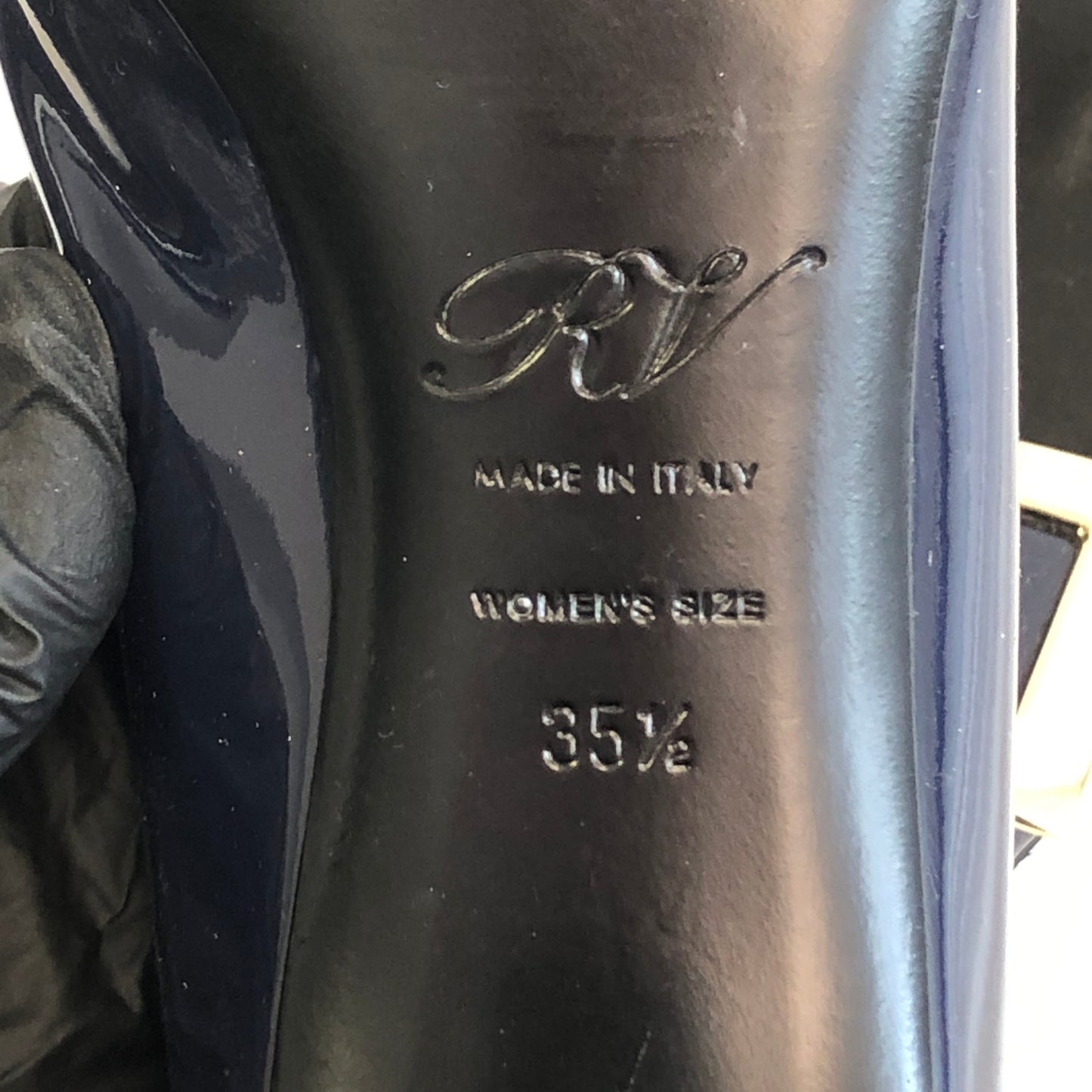 Roger Vivier Navy Patent Leather Square‑Buckle Block Heel Shoes size 35 1/2