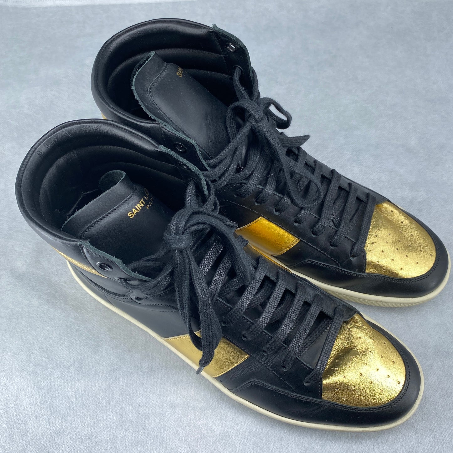Saint Laurent Men’s Black Gold‑Tone Leather High‑Top Sneakers Shoes