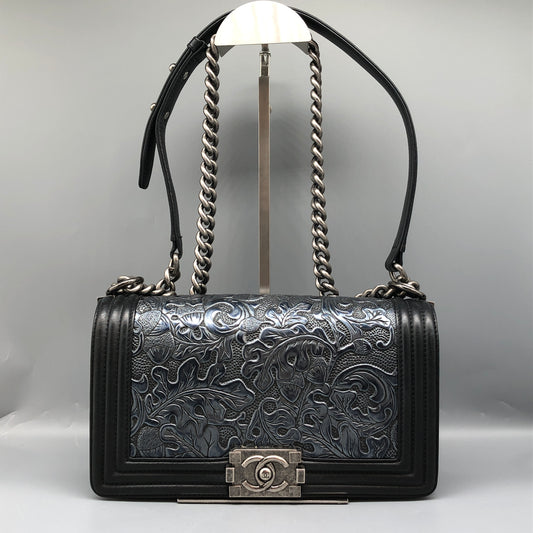 Chanel Boy Medium Embroidered Calfskin Shoulder Bag Black