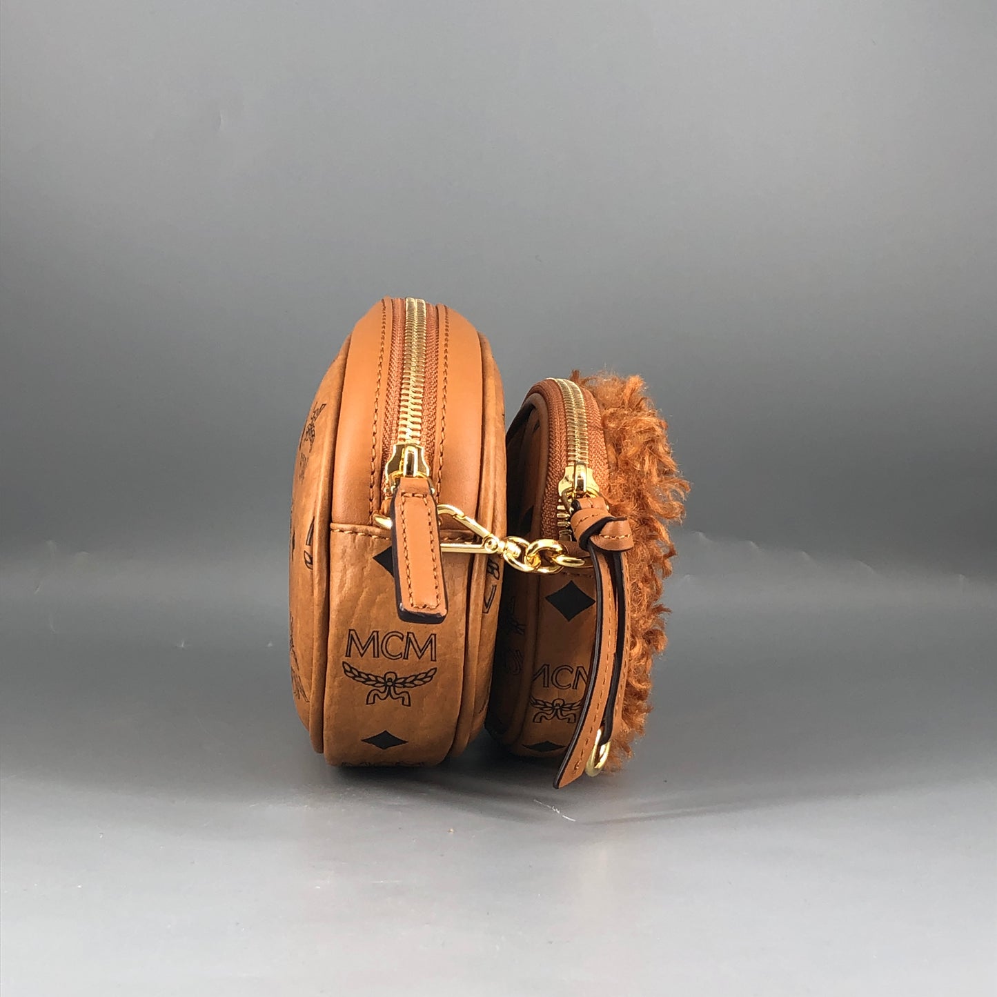 MCM Visetos Shearling Trim Oval Crossbody Camera Bag  Caramel