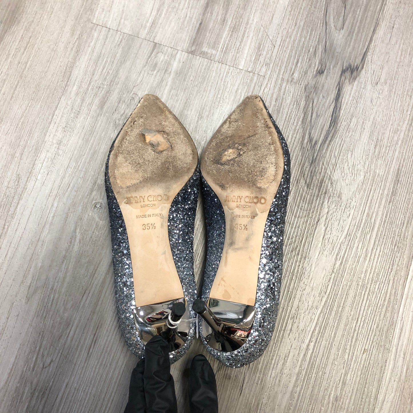 Jimmy Choo Women's Metallic Silver Glitter Pointed Toe Stiletto Pumps Shoes 35.5
