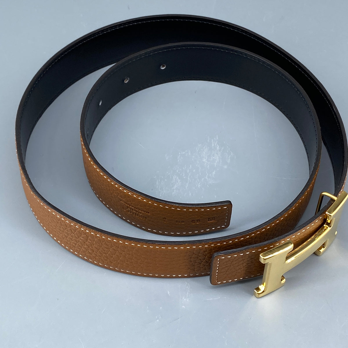 Hermes H Buckle Leather Belt 85cm tan
