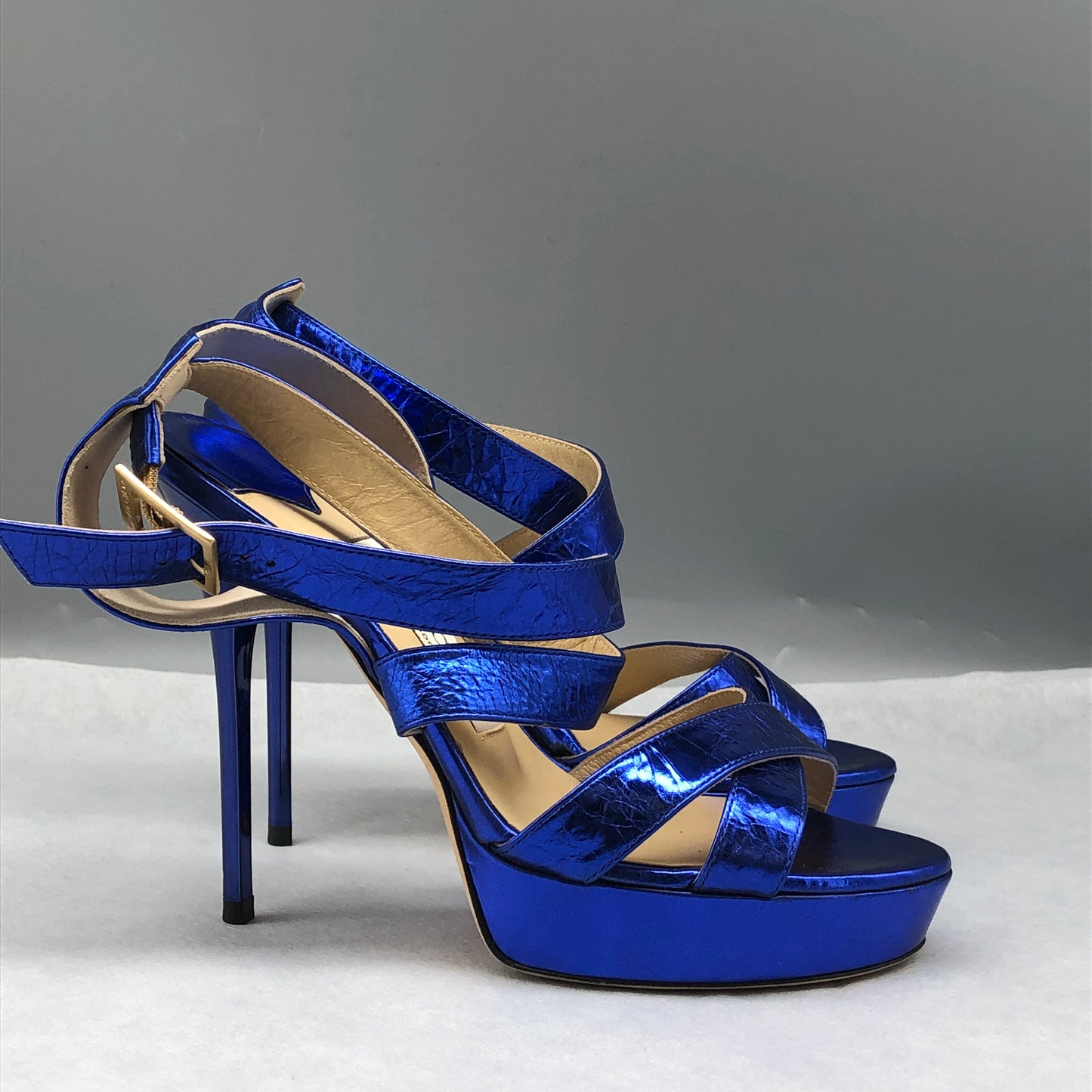 Jimmy Choo Women Metallic Blue Strappy Heels Size 36.5 Shoes
