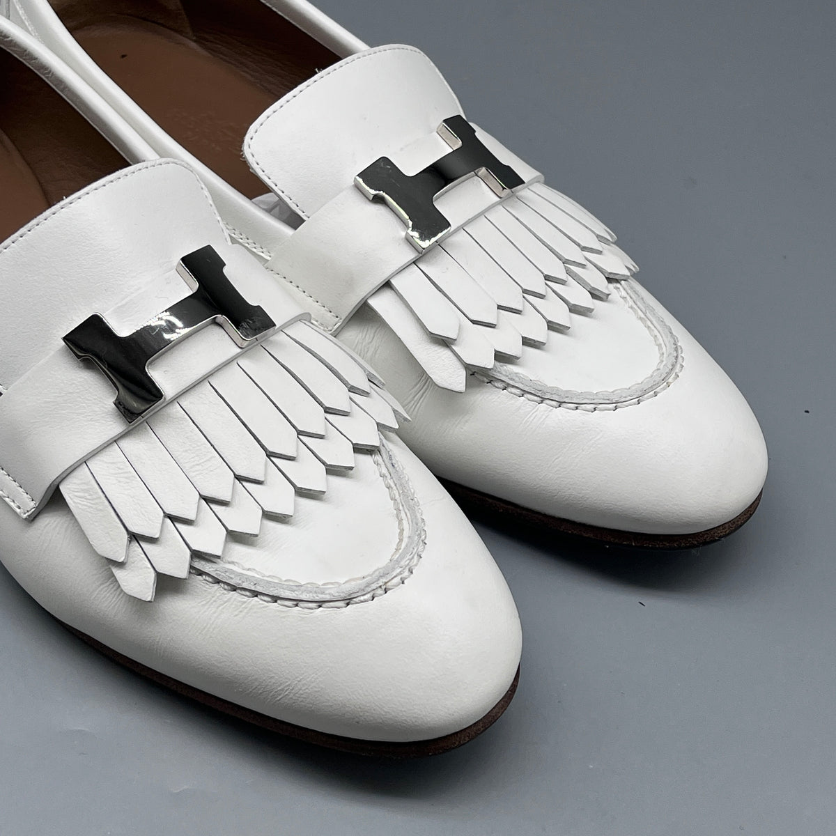 Hermes White Leather Women Fringe Loafers Size 36.5