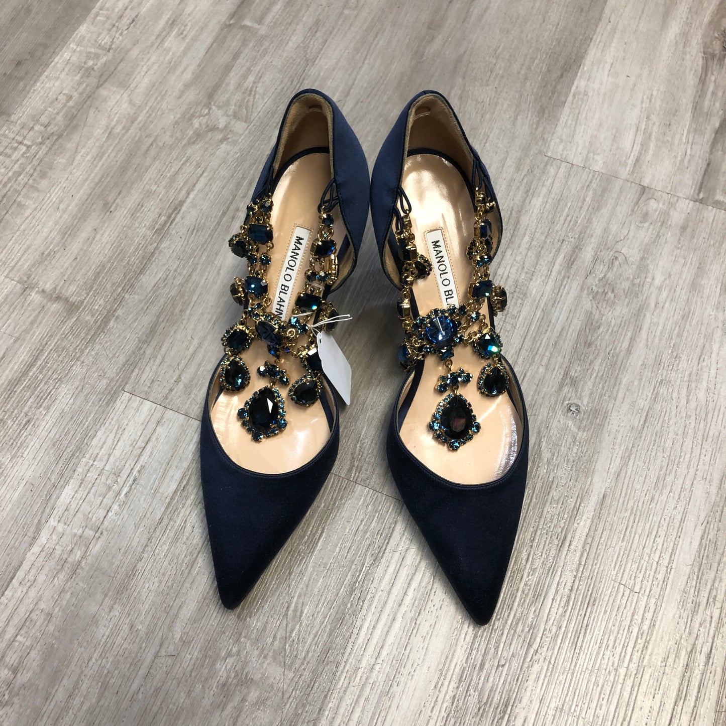 Manolo Blahnik Women's Satin Crystal Pointed Toe Stiletto Pumps Shoes 37.5 Dark Navy Blue