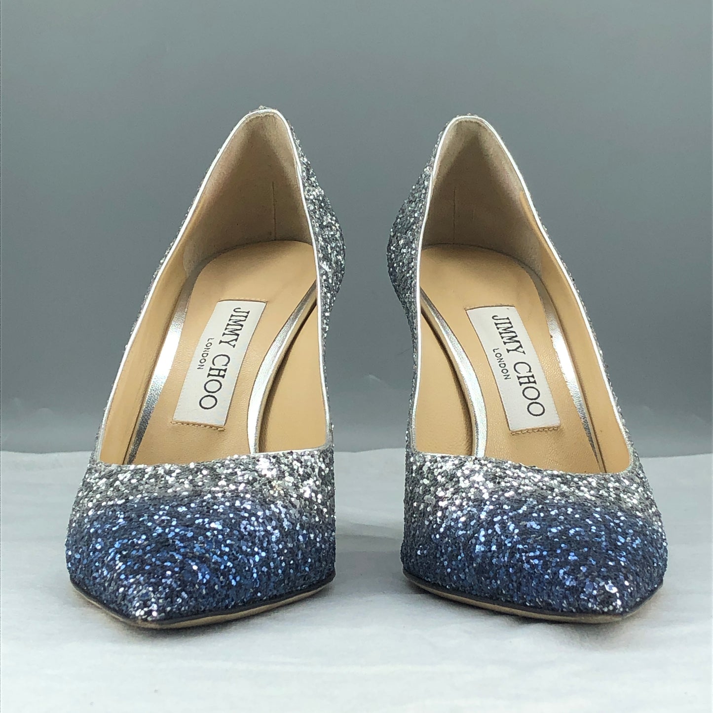 Jimmy Choo Women's Blue Silver Gradient Glitter Pointed Stiletto Heels Size 37