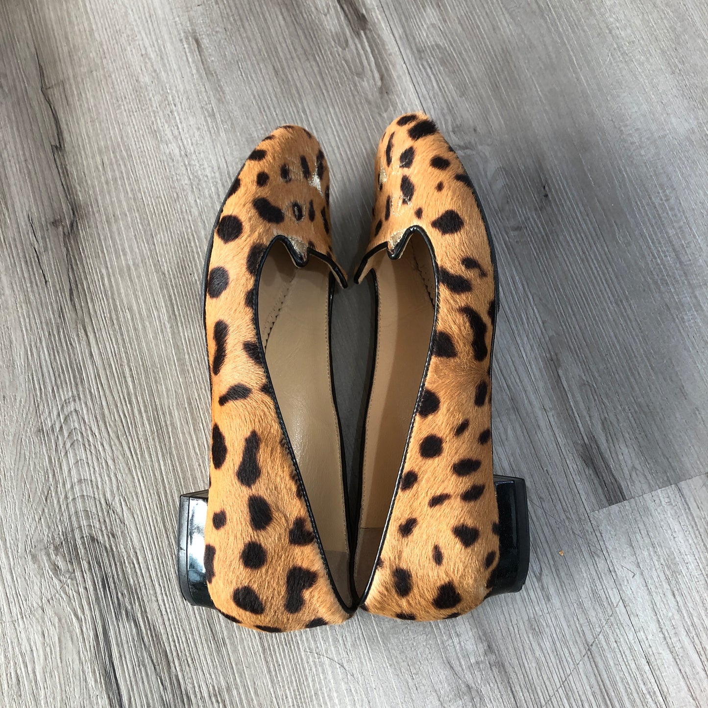 Charlotte Olympia Women's Leopard Calf Hair Kitty Flat Pumps Size 38 Black Brown Yellow Gold