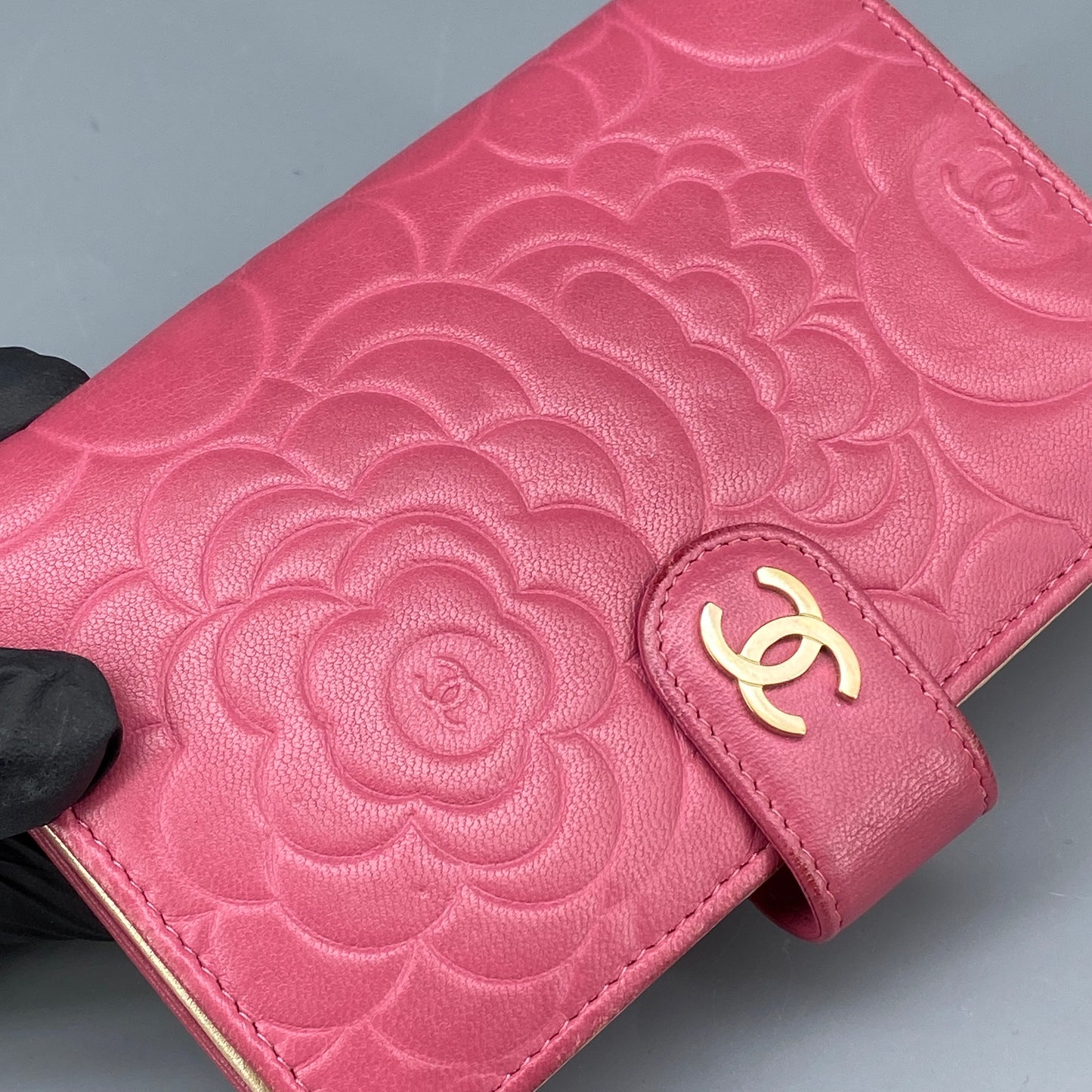 Chanel Pink Camellia Embossed Leather Flap Wallet