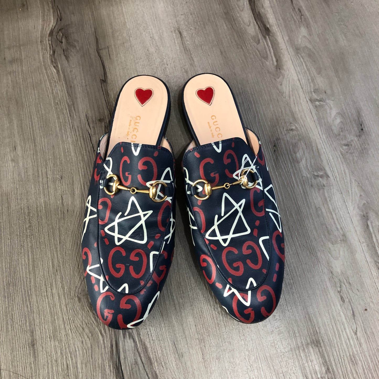 Gucci Star Print Princetown Backless Mule Loafers Size 39 Navy Blue White Red