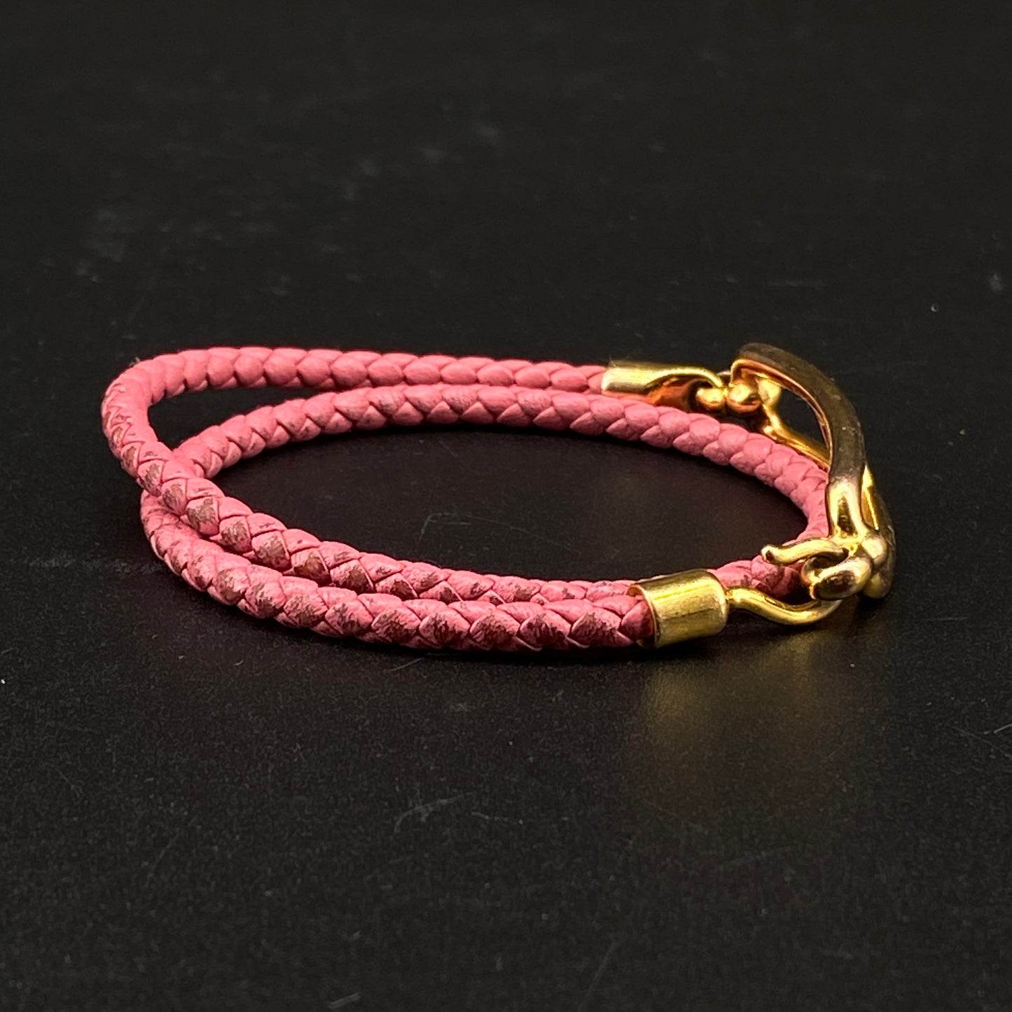 Hermes Pink Braided Leather Gold Buckle Bracelet