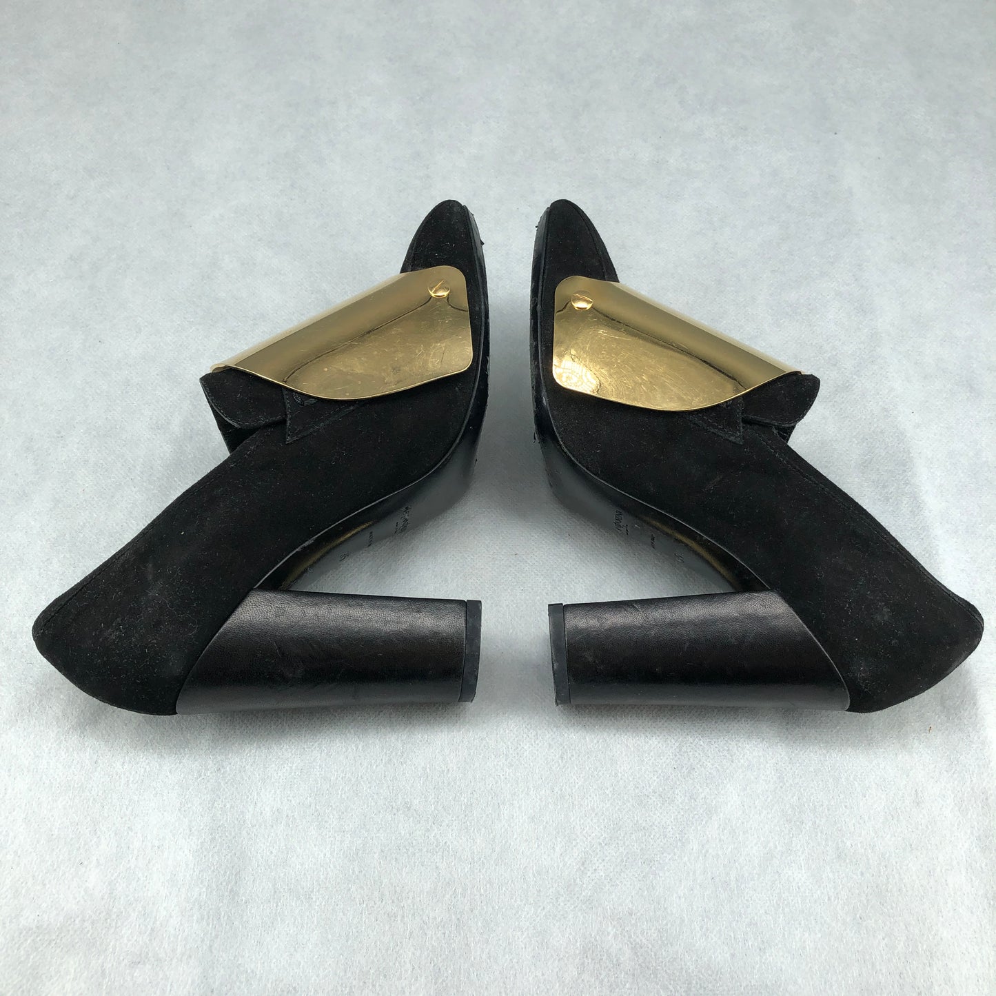 Saint Laurent Black Suede & Gold Metallic Cap Toe Block Heel Pumps 35