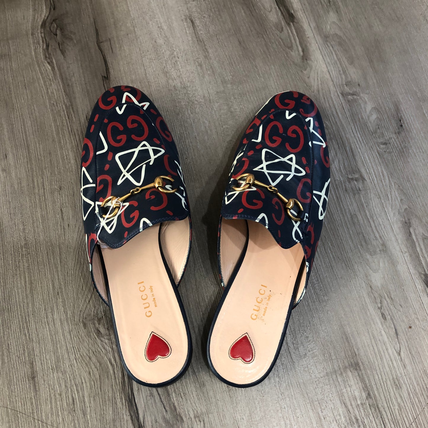 Gucci Star Print Princetown Backless Mule Loafers Size 39 Navy Blue White Red
