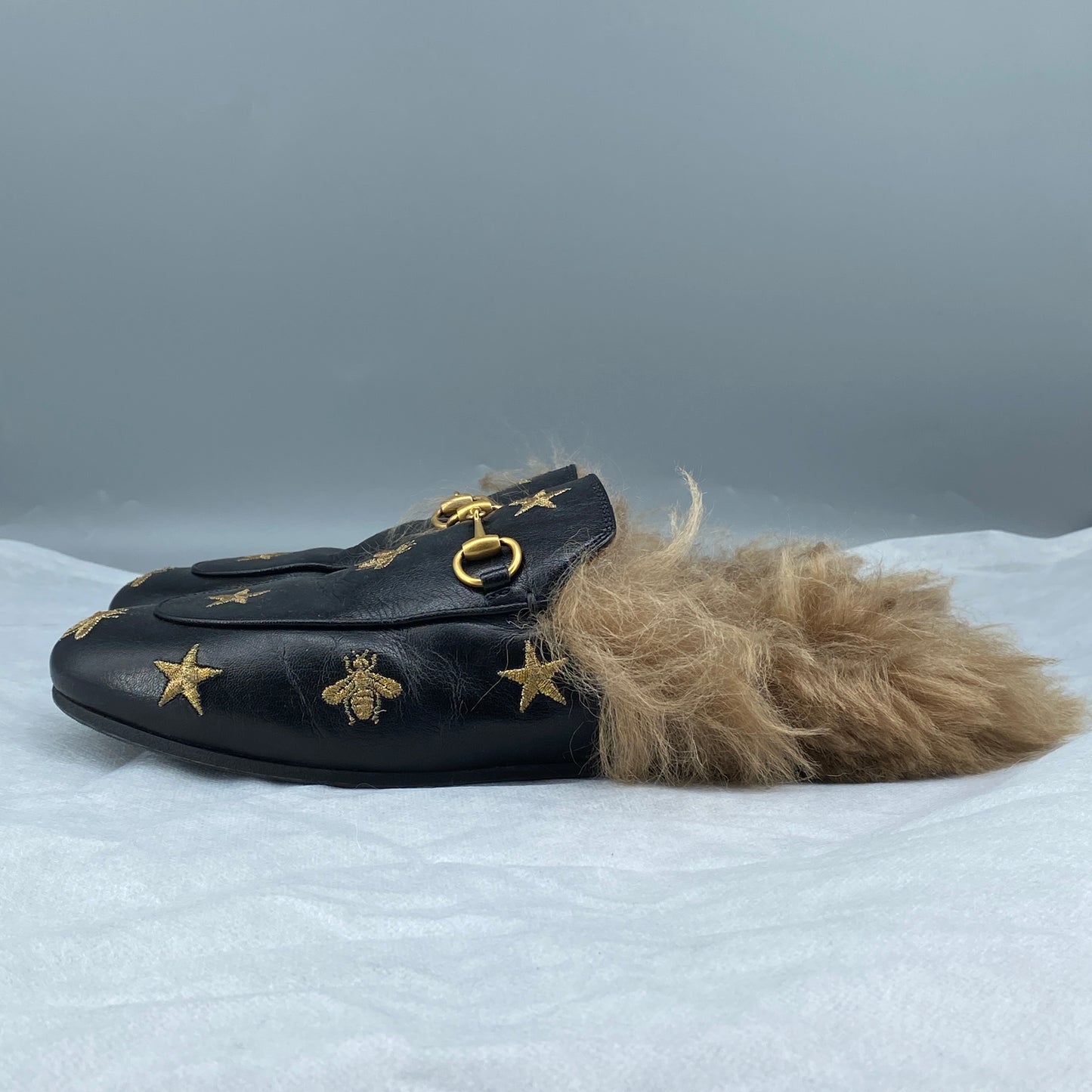 Gucci Women's  Black Leather Star Embroidery Horsebit Fur Lined Backless Mule Loafers Outsole 26cm