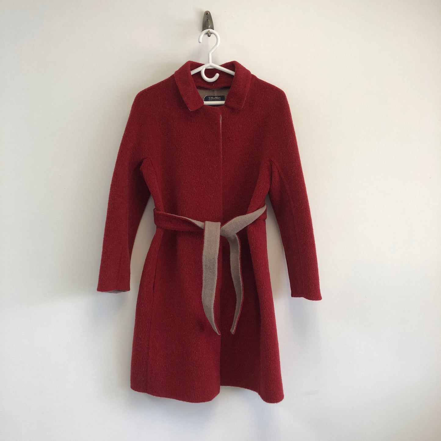 MaxMara Red Wool Belted Mid-Length Coat Size US 8