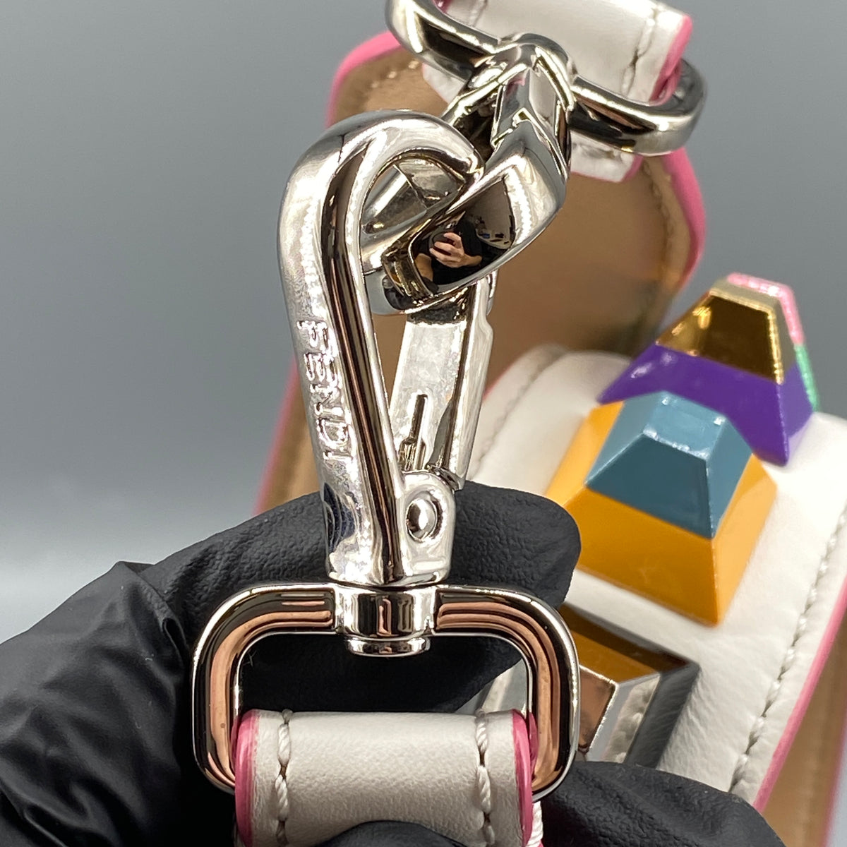 FENDI White Leather and Multicolor Plexiglas Studs Strap You Shoulder Strap