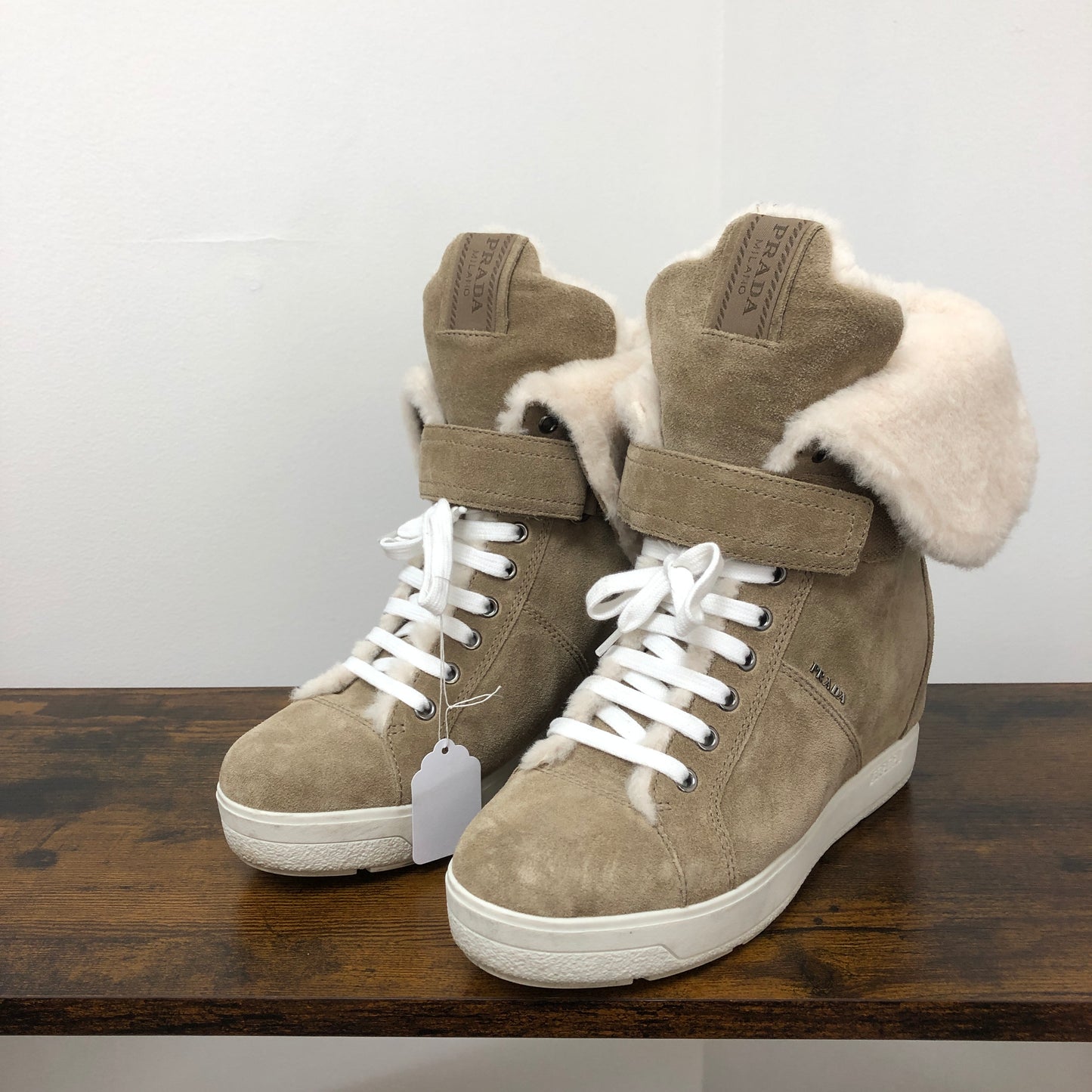 Prada Women's Shearling Lined Suede High Top Wedge Sneaker Boots 37 Beige White