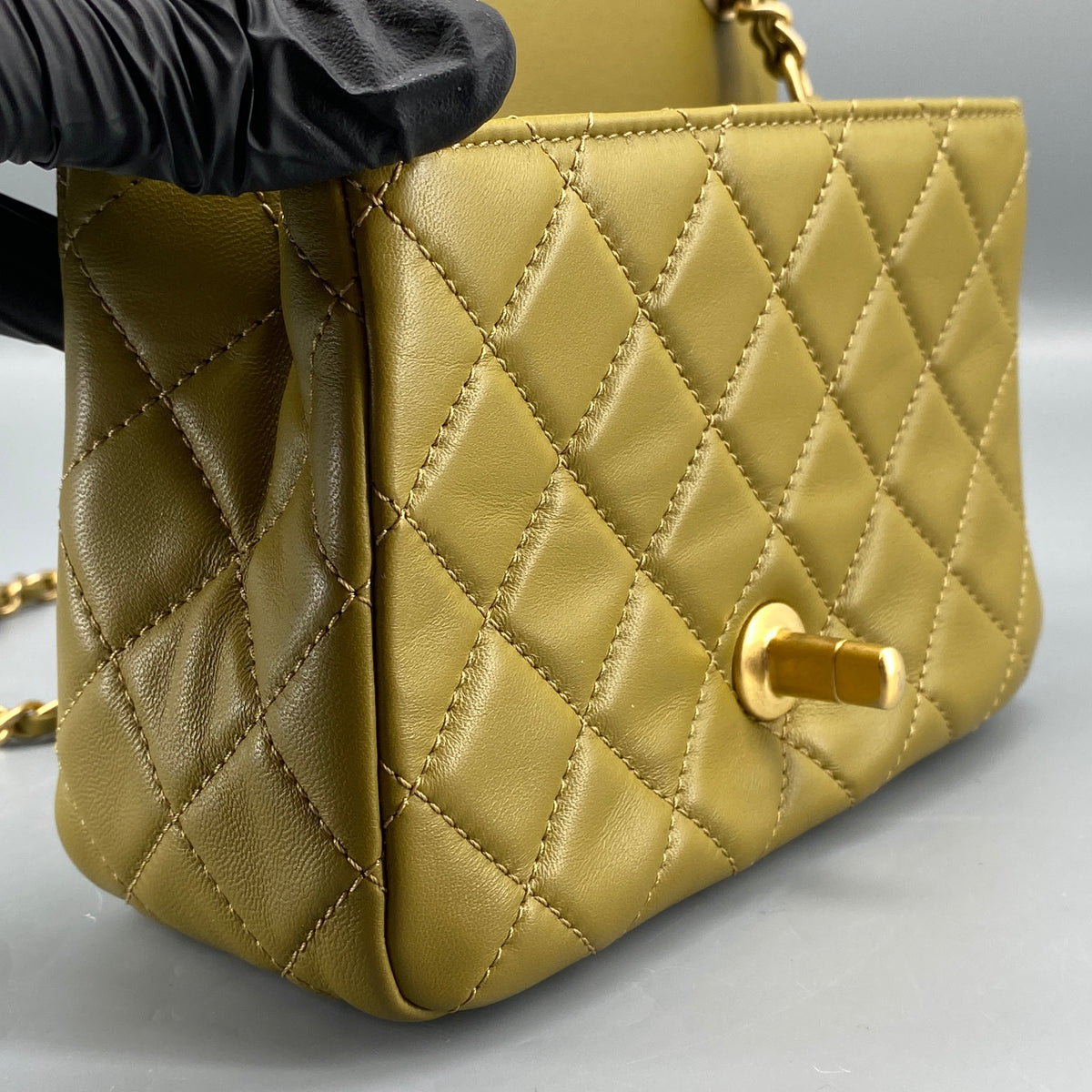 Chanel Olive Green Quilted  Lambskin Ball Charm Flap Bag