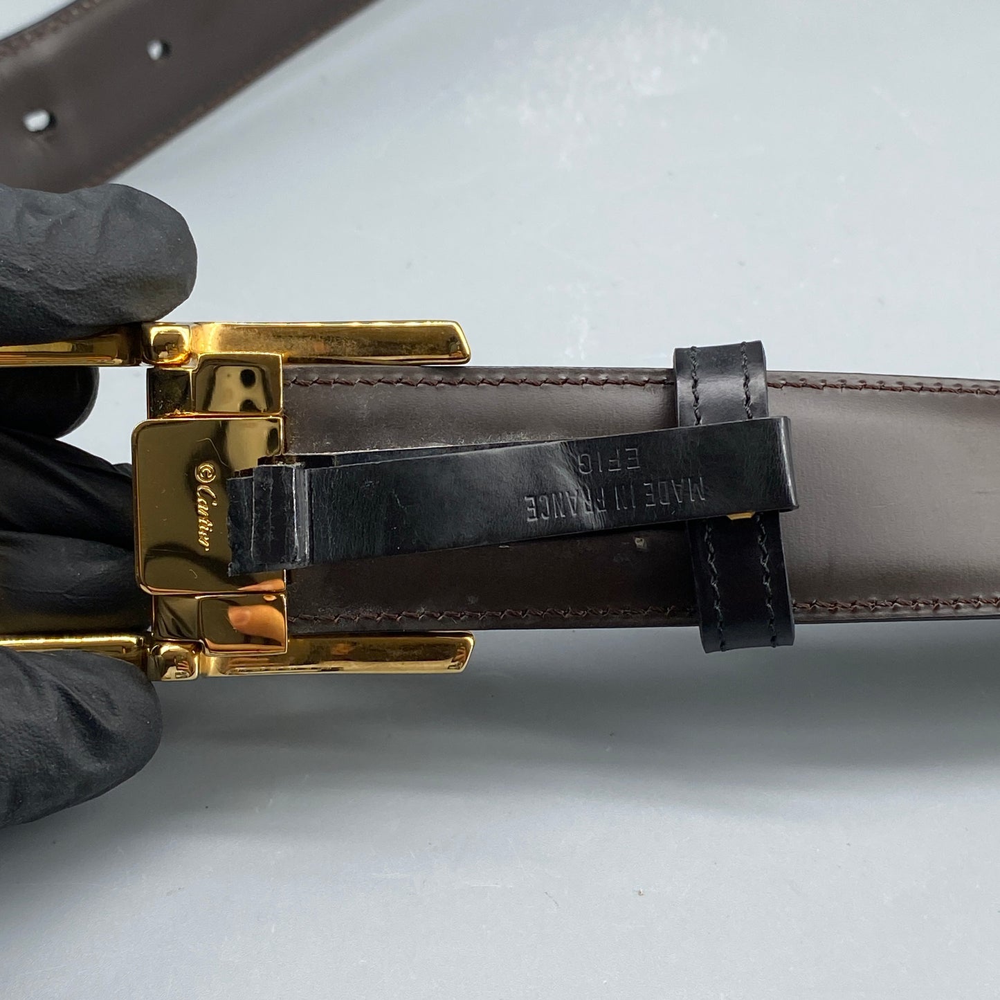 Cartier Black Smooth Leather Gold Square Pin Buckle Belt  105cm