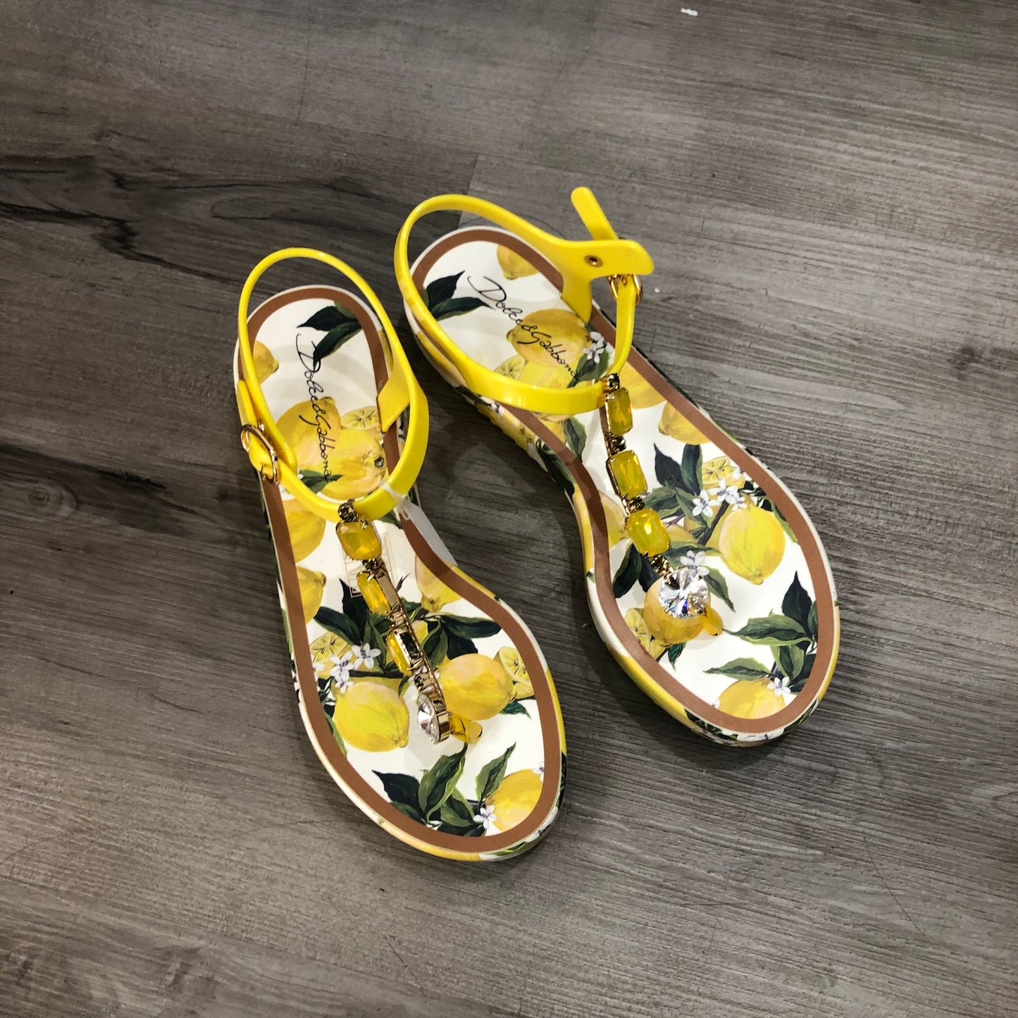 Dolce & Gabbana Women's Lemon Print Platform Ankle Strap Sandals Size 37 Yellow White Green