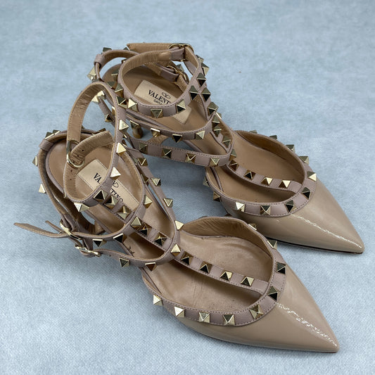 Valentino Nude Patent Leather Rockstud Pointed Heel Sandals Size 38