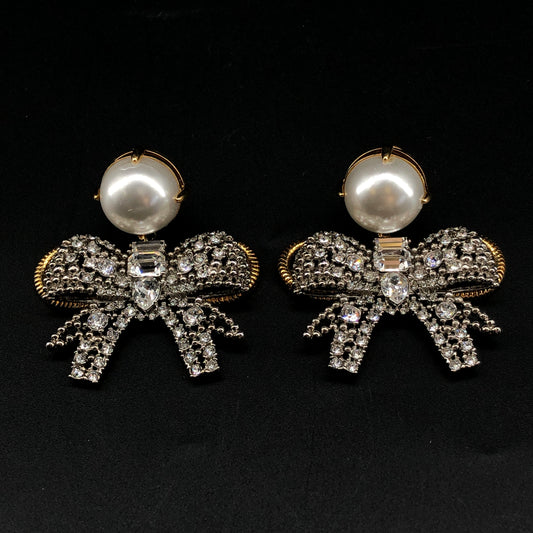 Miu Miu Gold-Tone Crystal & Faux Pearl Bow Earrings