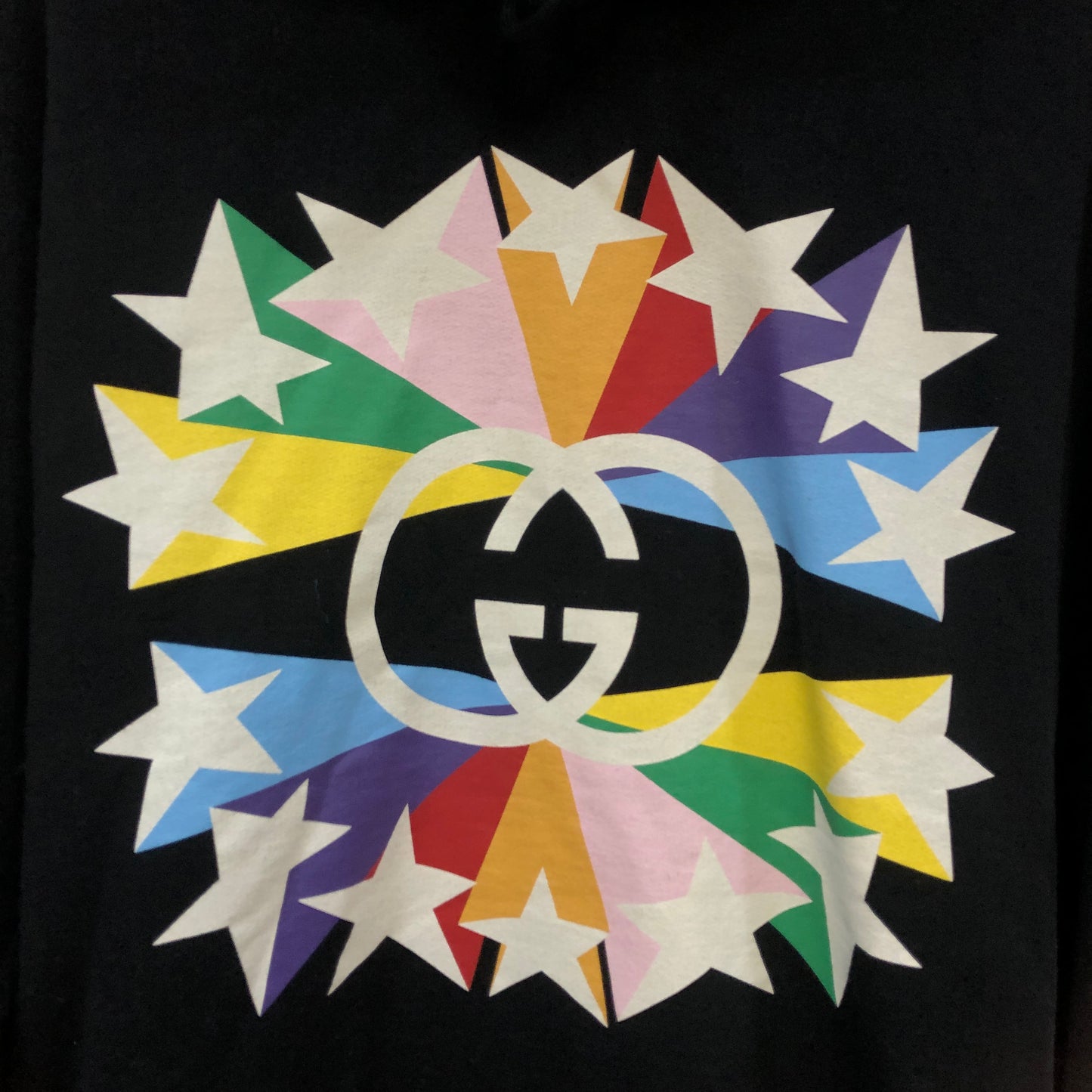 Gucci Interlocking G Rainbow Star Print Hooded Sweatshirt Size S Black