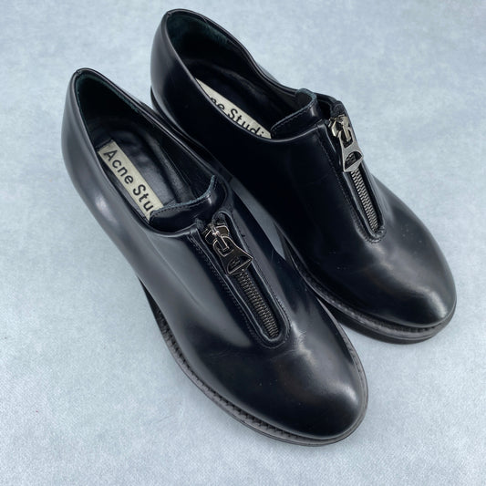 Acne Studios Women's Black Leather Front Zip Block Heel Loafer Pumps Size 36