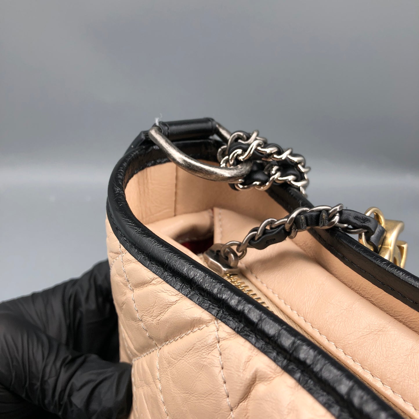 Chanel Aged Calfskin Quilted Small Gabrielle Hobo Beige Black