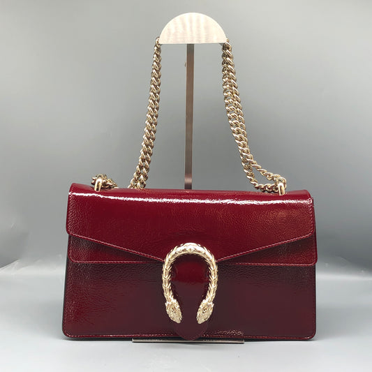 Gucci 2025 Dionysus Patent Leather Shoulder Bag Dark Red