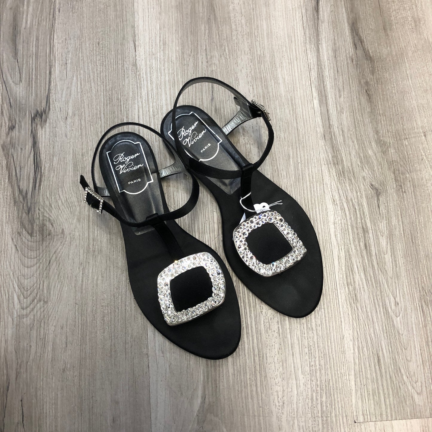 Roger Vivier Women's Strass Square Buckle Slingback Sandal Shoes 35.5 Black Silver