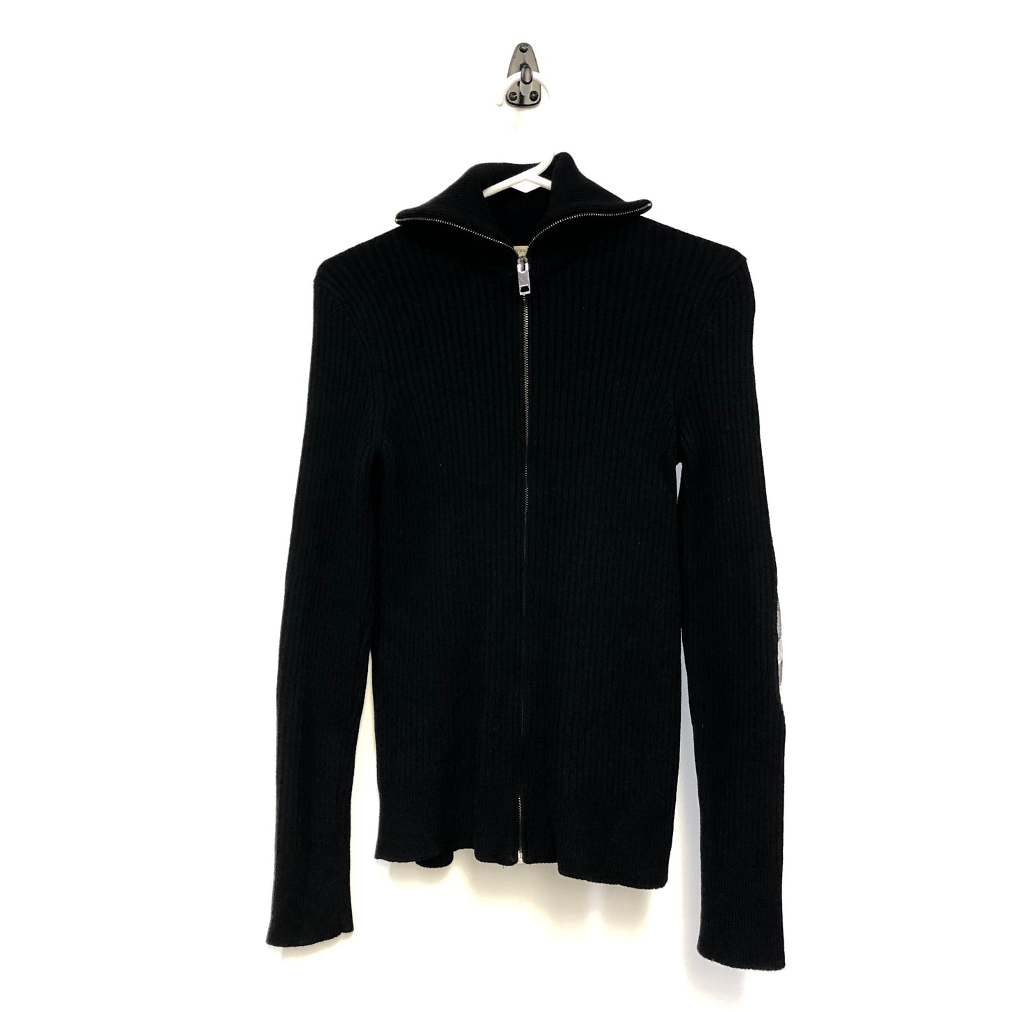 Burberry Black Ribbed Knit Zip Turtleneck Cardigan Size M