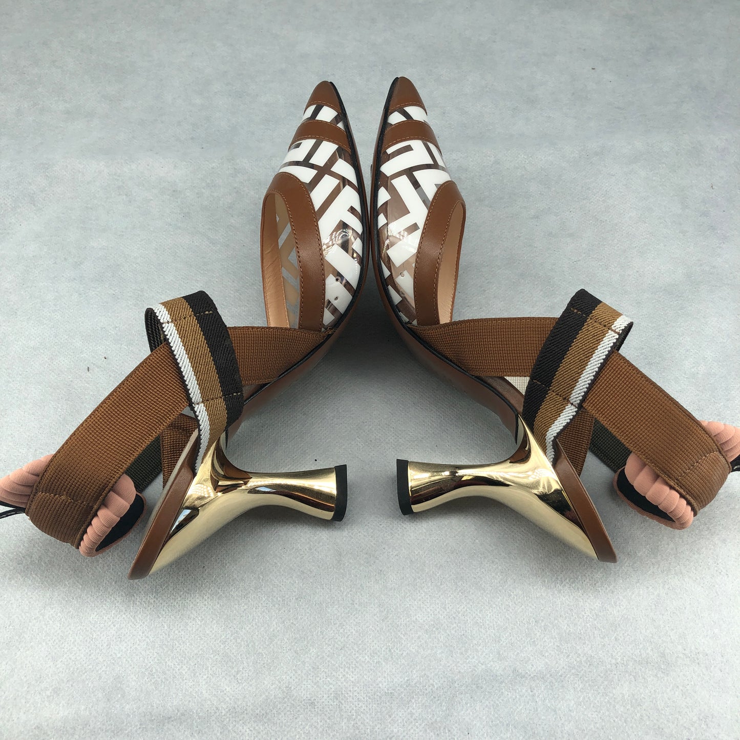 Fendi Logo Strap Pointed Toe Heels Size 36.5 Women Brown