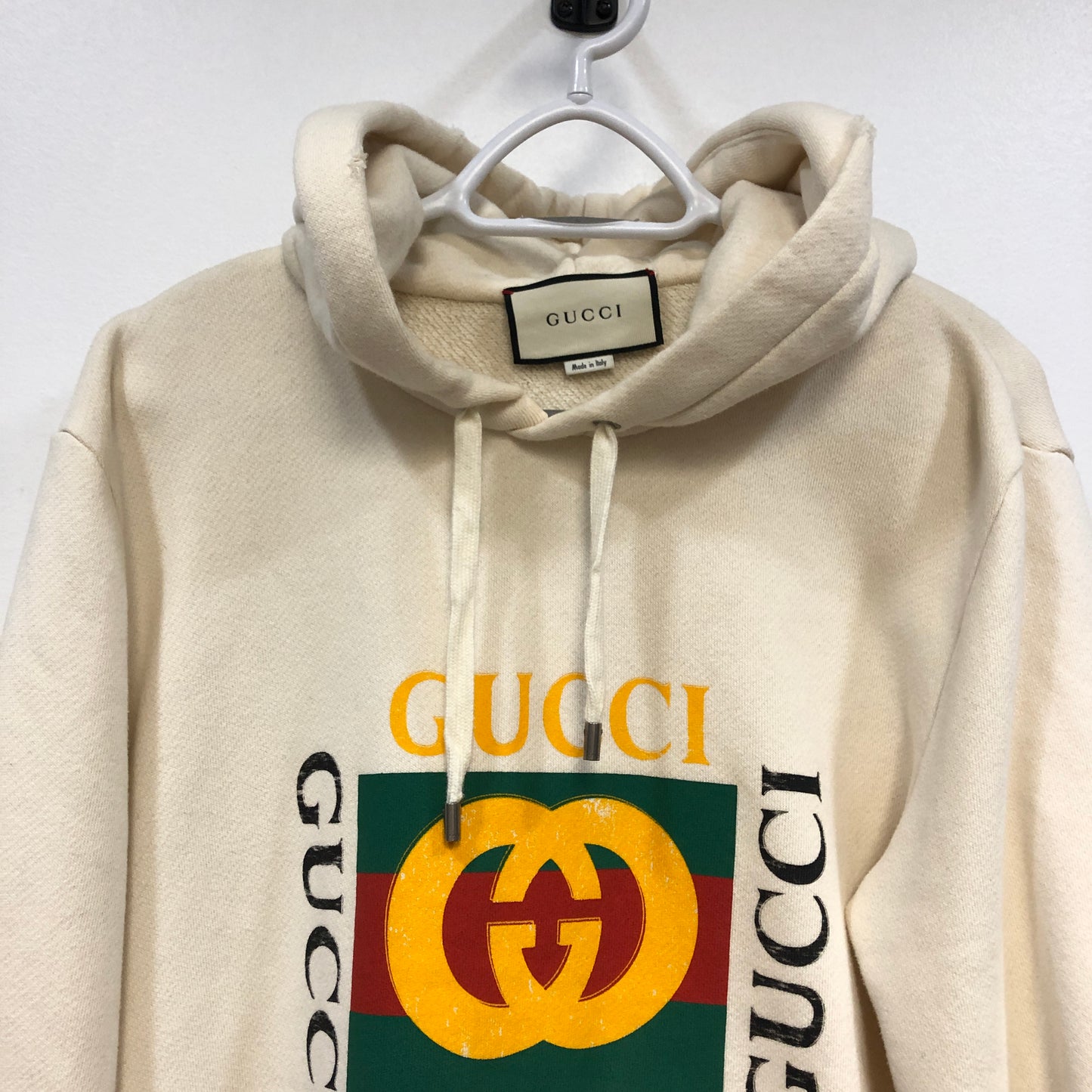 Gucci Interlocking G Logo Distressed Hoodie Size M Cream
