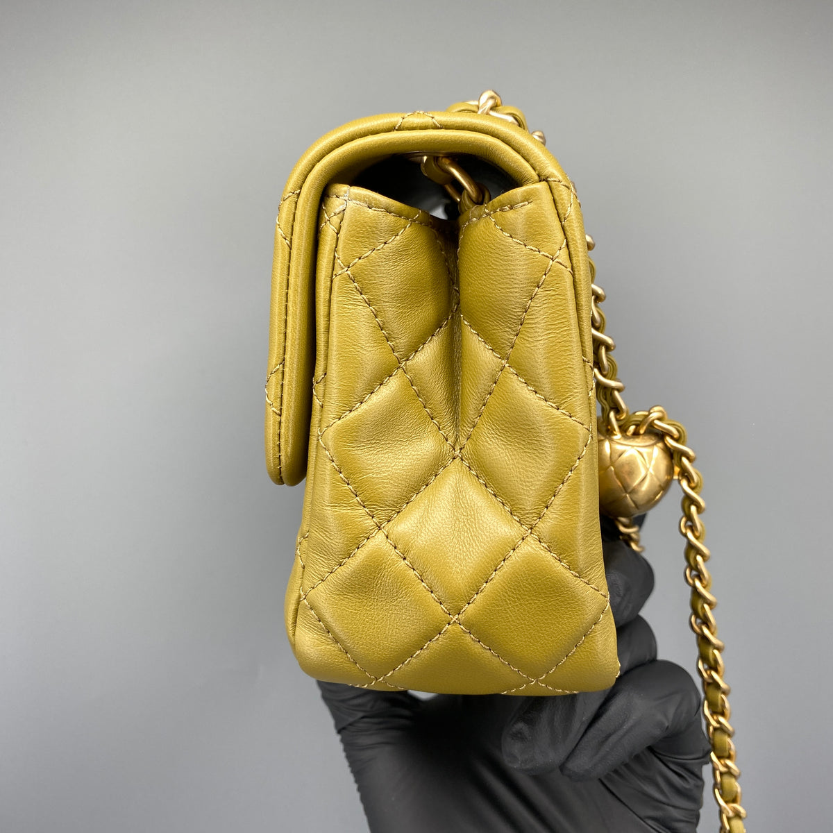 Chanel Olive Green Quilted  Lambskin Ball Charm Flap Bag