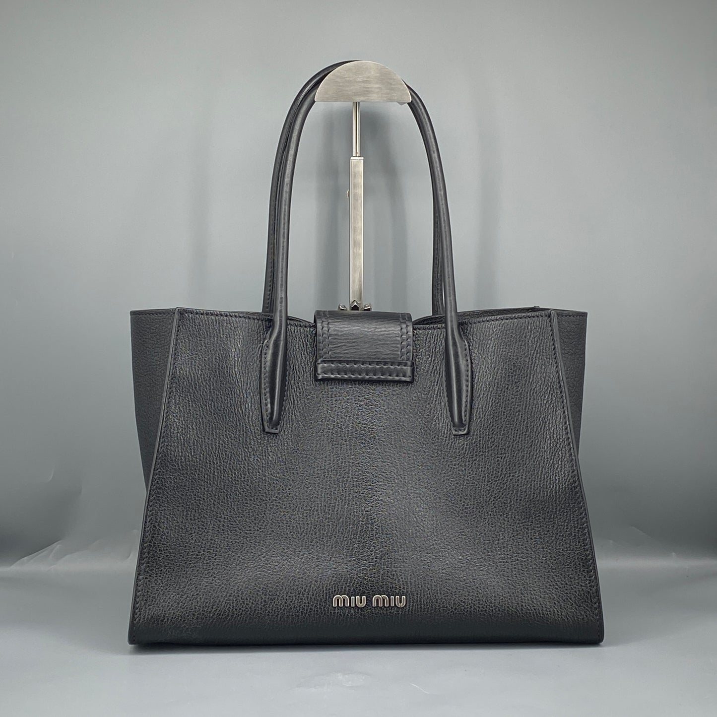Miu Miu Black Grain Leather Crystal Ornament Top Handle Tote Bag