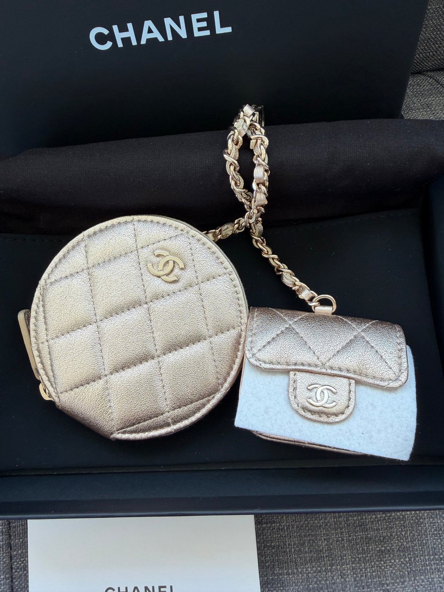 Chanel Metallic Gold Quilted Lambskin Leather Airpods Case With Coin Purse New
