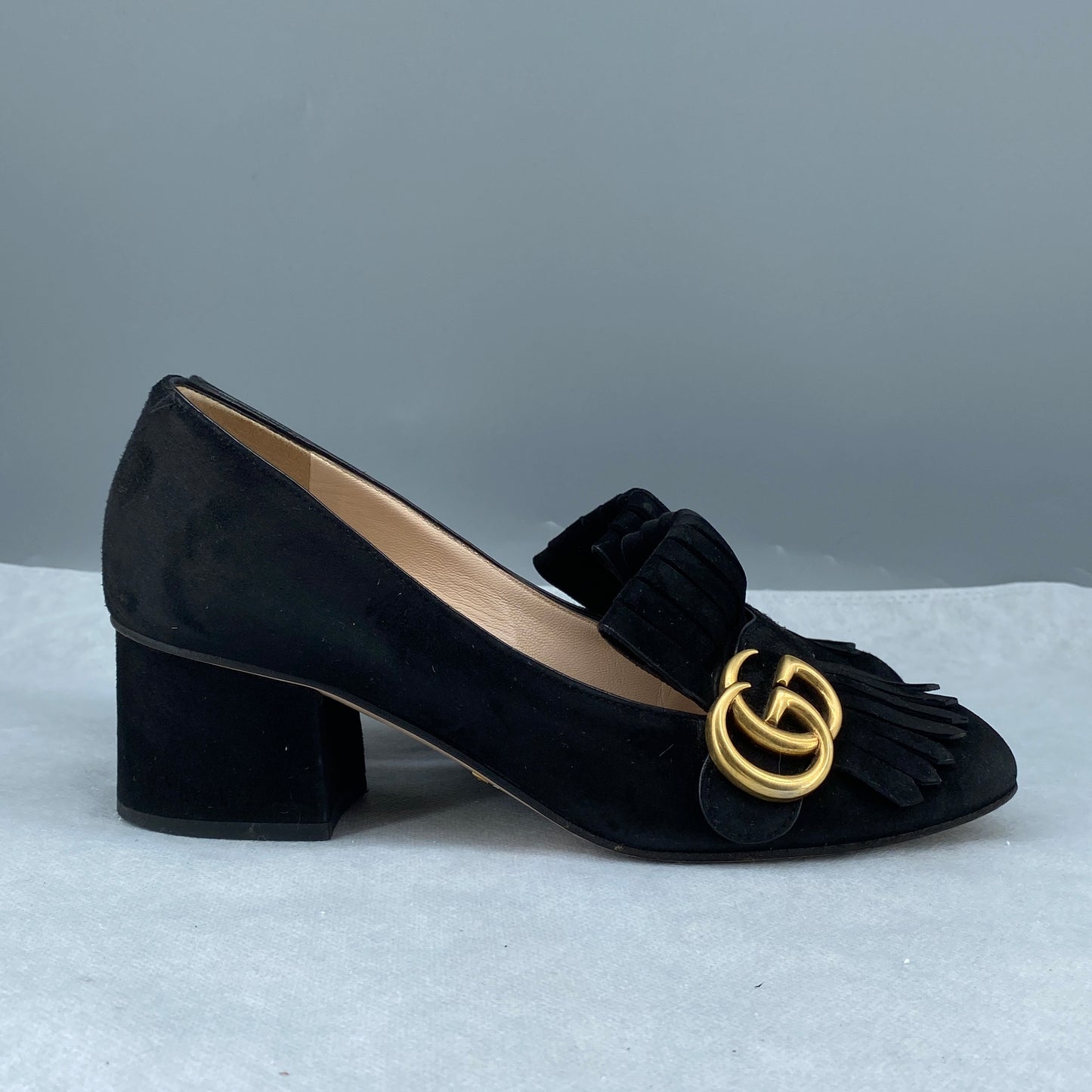Gucci Suede Double G Tassel Low Heel Shoes Size 36 Black