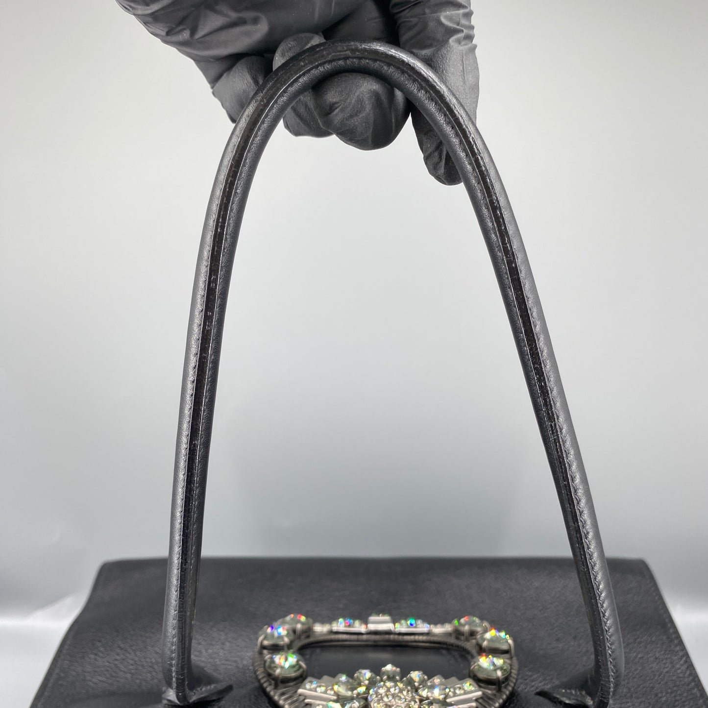 Miu Miu Black Grain Leather Crystal Ornament Top Handle Tote Bag